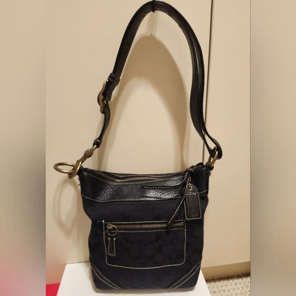Coach Signature "CC" Logo Canvas w/Black Leather Trim Shoulder Bag Ret.$339